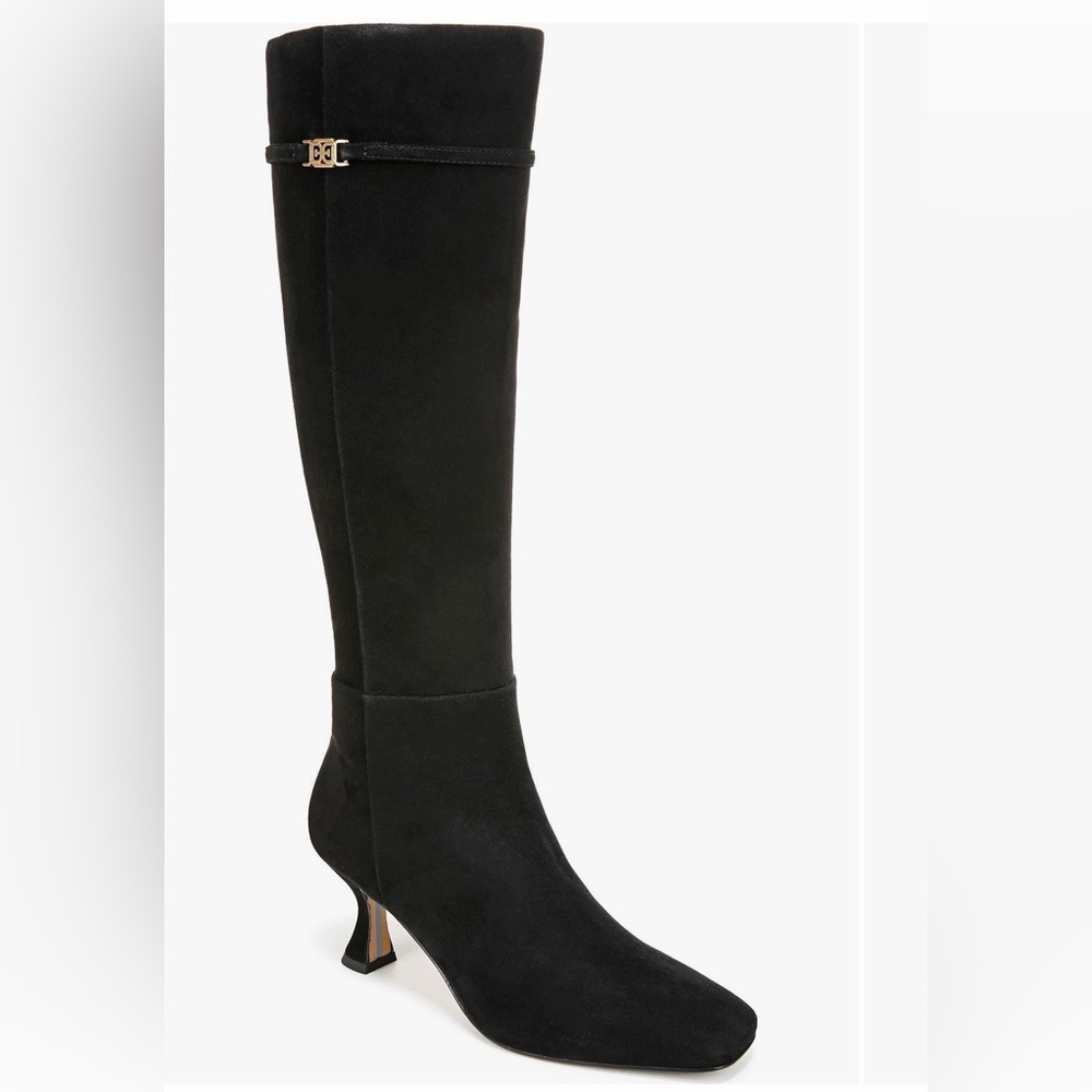 NIB Sam Edelman Black Knee High Boots Square Toe Logo Heel